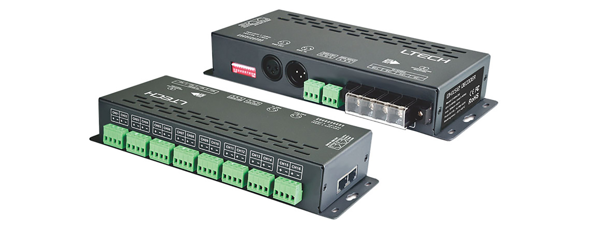 880-700  16 Channel PWM-CC DMX Decoder 12/24/36/48V DC;700max16CH; 515.2W Max Power; 0-100% Dim range; IP44.